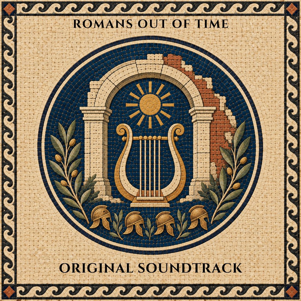 Romans Out of Time: Original Soundtrack cover, a Roman mosaic of a lyre beneath a broken arch