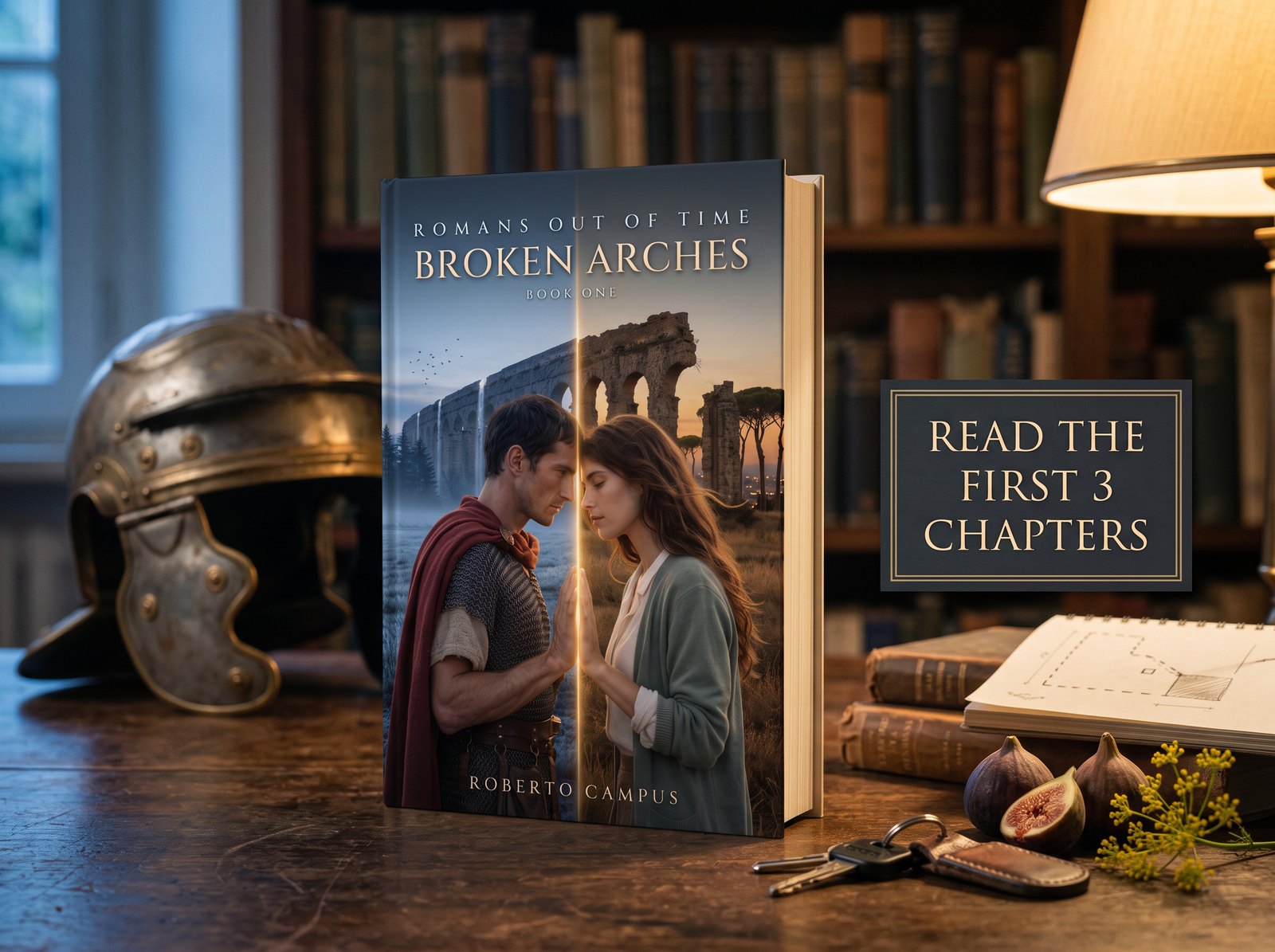 Romans Out of Time: Broken Arches standing on a library table beside a Roman helmet and a card offering the first three chapters